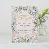 Niedliche Waldtiere QR Girl Baby Shower Einladung (Stehend Vorderseite)