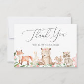 Niedliche Waldtiere Rosa Blütenmädchen Kinderdusch Dankeskarte (Vorderseite)