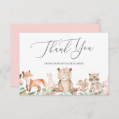 Niedliche Waldtiere Rosa Blütenmädchen Kinderdusch Dankeskarte (Vorne/Hinten)