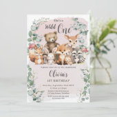 Niedliche Waldtiere Rosa Wildtiere 1. Geburtstag Einladung (Stehend Vorderseite)