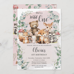 Niedliche Waldtiere Rosa Wildtiere 1. Geburtstag Einladung