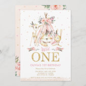 Niedliche Waldtiere Stammmädchen 1. Geburtstag Einladung (Vorne/Hinten)
