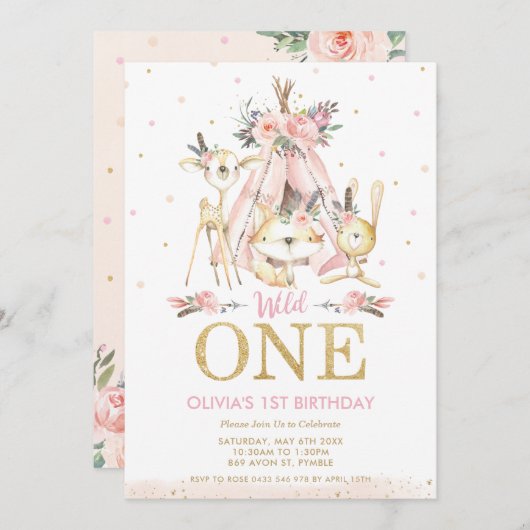 Niedliche Waldtiere Stammmädchen 1. Geburtstag Einladung (Vorne/Hinten)
