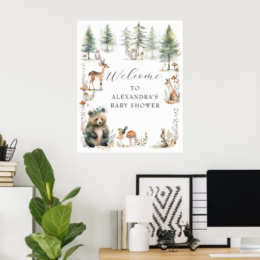 Niedliche Waldtiere tragen Hirschbaby-Dusche Poster (Heimbüro)