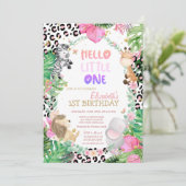 Niedliche Waldtiere Tropische Blätter 1. Geburtsta Einladung (Stehend Vorderseite)