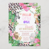 Niedliche Waldtiere Tropische Blätter 1. Geburtsta Einladung (Vorne/Hinten)