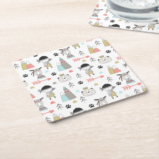 Niedliche Waldtiere u. indisches Jungen-Muster Rechteckiger Pappuntersetzer (angewinkelt)