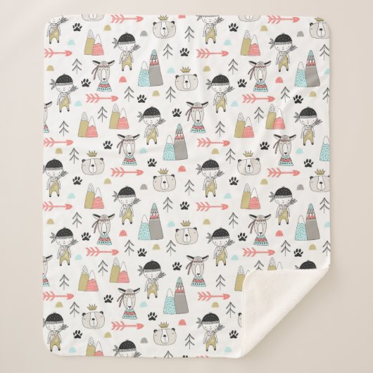 Niedliche Waldtiere u. indisches Jungen-Muster Sherpadecke (Vorderseite)