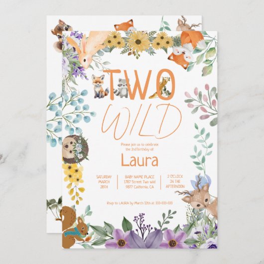 Niedliche Waldtiere (Waldtiere) 2. Geburtstag Einladung (Vorne/Hinten)