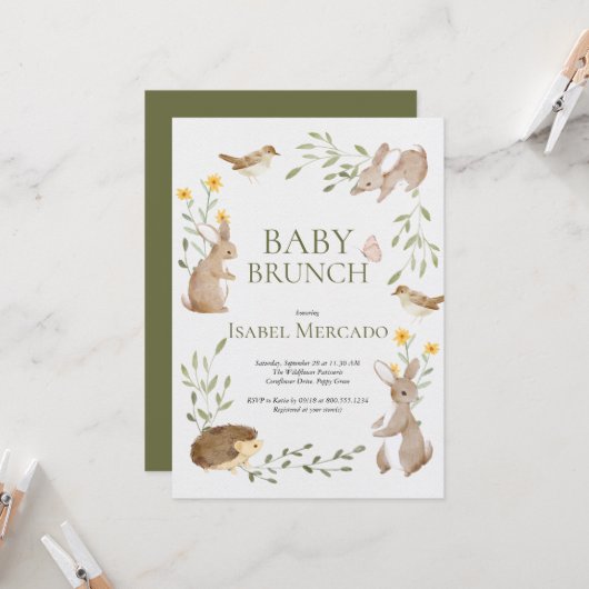 Niedliche Waldtiere Waldtiere Waldland Baby Brunch Einladung (Vorderseite/Rückseite Beispiel)