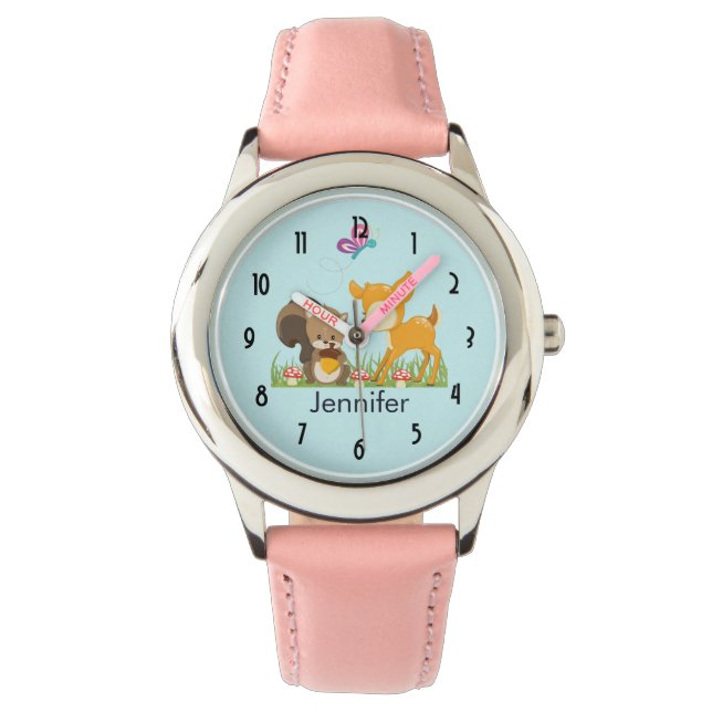 Niedliche Waldtiere Whimsischer Cartoon Armbanduhr (Vorderseite)