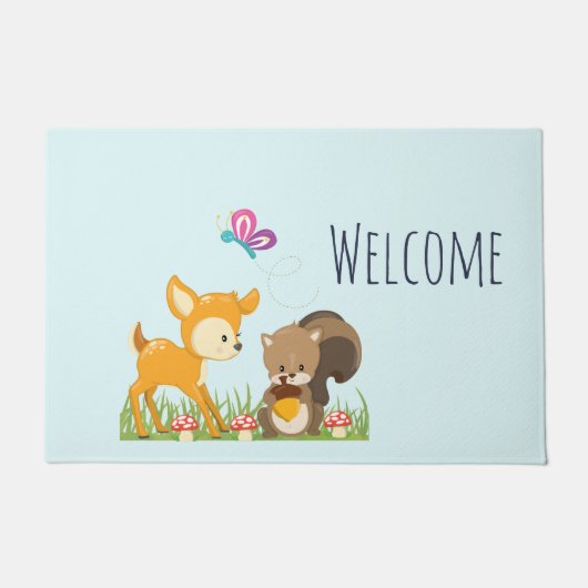 Niedliche Waldtiere Whimsischer Cartoon Willkommen Fußmatte (Vorderseite)