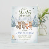 Niedliche Waldtiere Winter Onederland Geburtstag Einladung (Stehend Vorderseite)