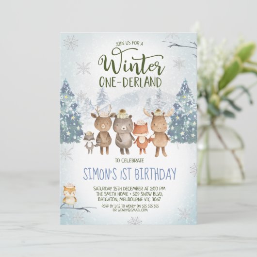 Niedliche Waldtiere Winter Onederland Geburtstag Einladung (Stehend Vorderseite)