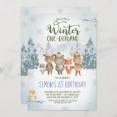 Niedliche Waldtiere Winter Onederland Geburtstag Einladung (Vorne/Hinten)