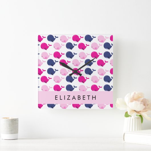 Niedliche Wale, Walmuster, Ihr Name Quadratische Wanduhr (Zuhause)