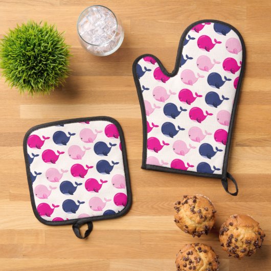 Niedliche Wale, Walmuster, Meerestiere Ofenhandschuh & Topflappen-Set (Oben Unten)