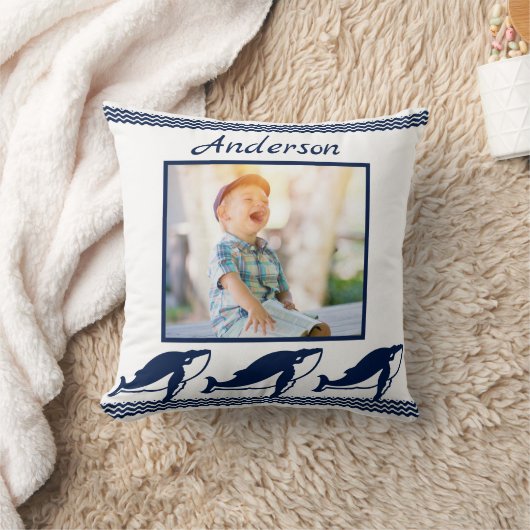 Niedliche Wale Wellen Blaues Foto Kissen (Decke)