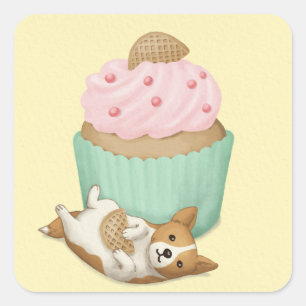 Niedliche walisische Corgi und Cupcake Illustratio Quadratischer Aufkleber