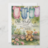 Niedliche Wäscheleine Bodysuits Aquarell Babydusch Einladung (Vorderseite)