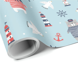 Niedliche Wasserbären, Möwen und Leuchttürme, blau Geschenkpapier