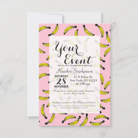 Niedliche Wasserfarbbananen und rosa Einladung (Vorderseite)