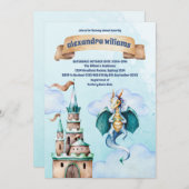 Niedliche Wasserfarbe Blue Dragon Baby Dusche Einladung (Vorne/Hinten)