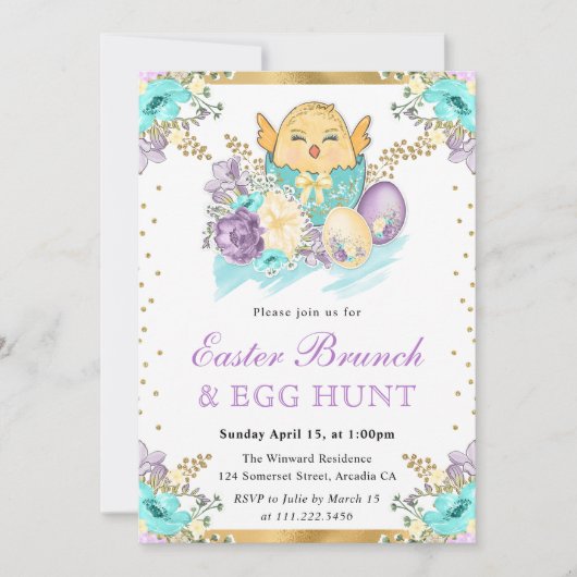Niedliche Wasserfarbe Blumenkick in Ei Ostern Brun Einladung (Vorderseite)