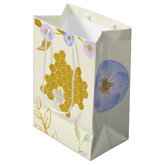 Niedliche Wasserfarbe Blüte Golden Honey Beehive Mittlere Geschenktüte (Vorderseite Schrägansicht)