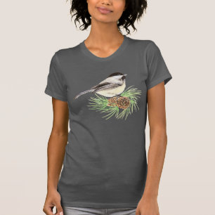 Niedliche Wasserfarbe Chickadee Bird Pine Tree T-Shirt