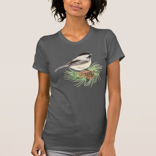 Niedliche Wasserfarbe Chickadee Bird Pine Tree T-Shirt (Vorderseite)