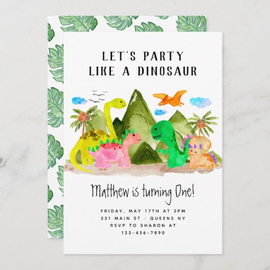 Niedliche Wasserfarbe Dino Berg Dinosaurier Geburt Einladung (Vorne/Hinten)