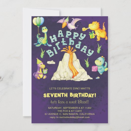 Niedliche Wasserfarbe Dino Dinosaurier & Vulkan Ge Einladung (Vorderseite)