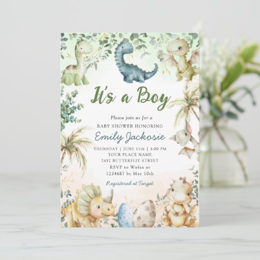 Niedliche Wasserfarbe Dinosaurier Greenery Boy Bab Einladung (Stehend Vorderseite)