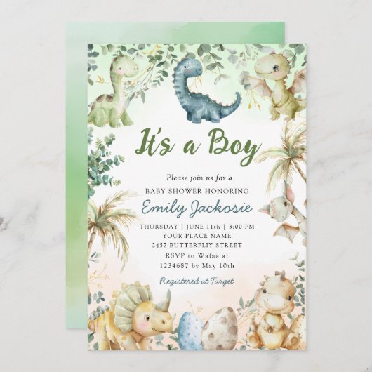 Niedliche Wasserfarbe Dinosaurier Greenery Boy Bab Einladung (Vorne/Hinten)