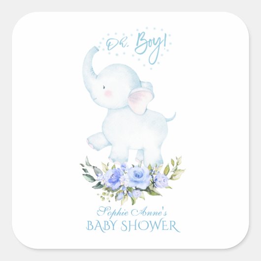 Niedliche Wasserfarbe Elephant Oh Boy Baby Dusche Quadratischer Aufkleber (Vorderseite)
