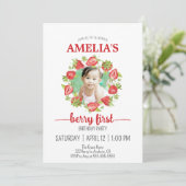 Niedliche Wasserfarbe Erdbeere Berry Erster Geburt Einladung (Stehend Vorderseite)