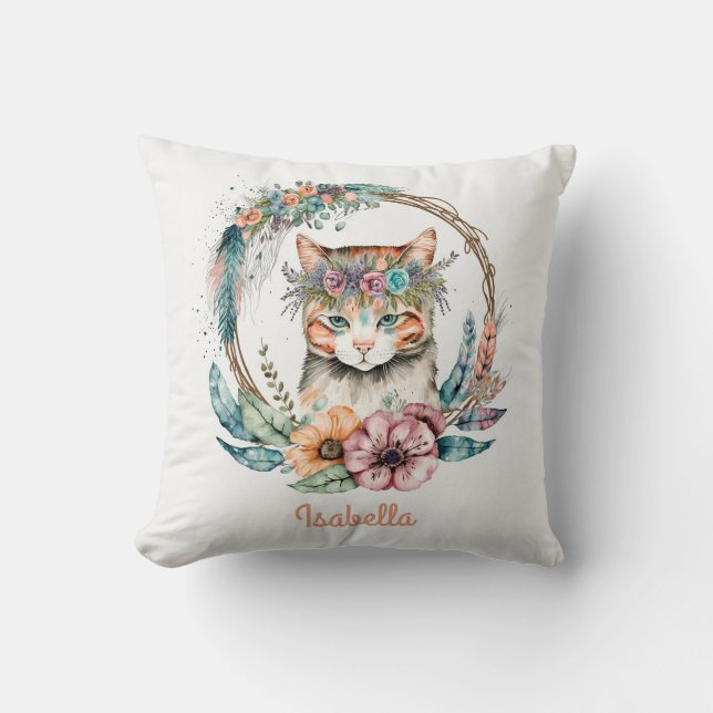 Niedliche Wasserfarbe Floral Boho Katze Kissen (Vorderseite)