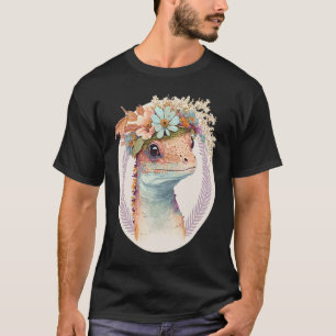 Niedliche Wasserfarbe Gecko Reptile Blume Crown Bo T-Shirt