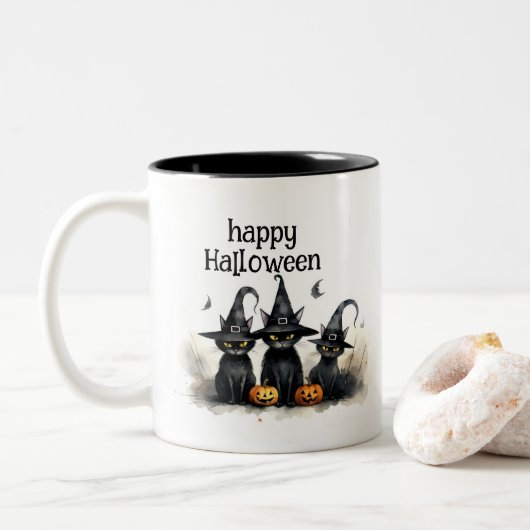 Niedliche Wasserfarbe Hexerei Katzen Pumpkins Zweifarbige Tasse (Mit Donut)