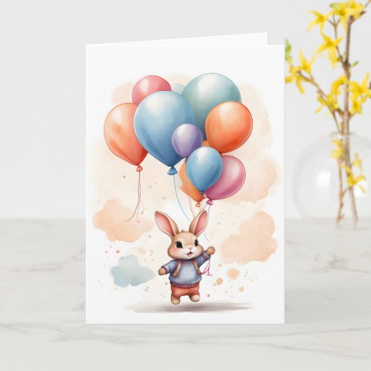 Niedliche Wasserfarbe Kaninchen Big Balloons Leere Karte (Gelbe Blume)