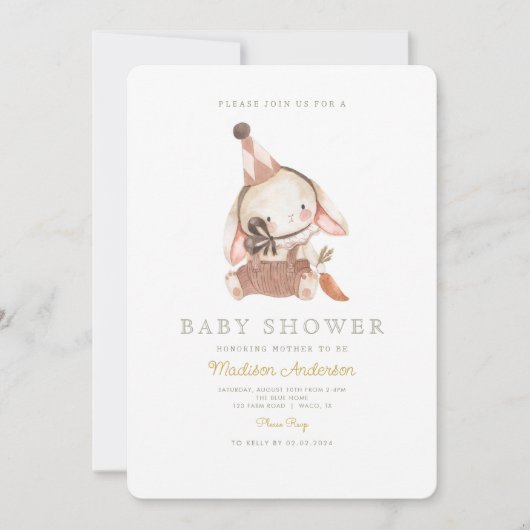 Niedliche Wasserfarbe Kleiner Hase mit Karotte Einladung (Vorderseite)