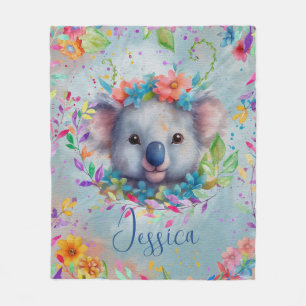 Niedliche Wasserfarbe Koala mit Blume Fleecedecke