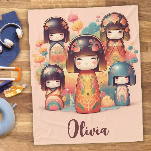 Niedliche Wasserfarbe Kokeshi Dolls Blush Fleecedecke