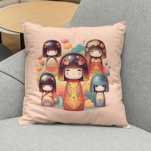 Niedliche Wasserfarbe Kokeshi Dolls Blush Kissen