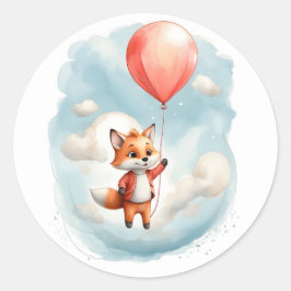 Niedliche Wasserfarbe Little Fox Big Red Balloon Runder Aufkleber