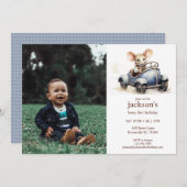 Niedliche Wasserfarbe Maus in Blue Car 1. Geburtst Einladung (Vorne/Hinten)