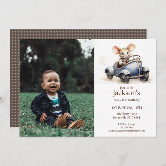 Niedliche Wasserfarbe Maus in Blue Car 1. Geburtst Einladung (Vorne/Hinten)