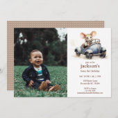 Niedliche Wasserfarbe Maus in Blue Car 1. Geburtst Einladung (Vorne/Hinten)