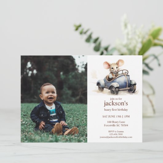 Niedliche Wasserfarbe Maus in Blue Car 1. Geburtst Einladung (Stehend Vorderseite)